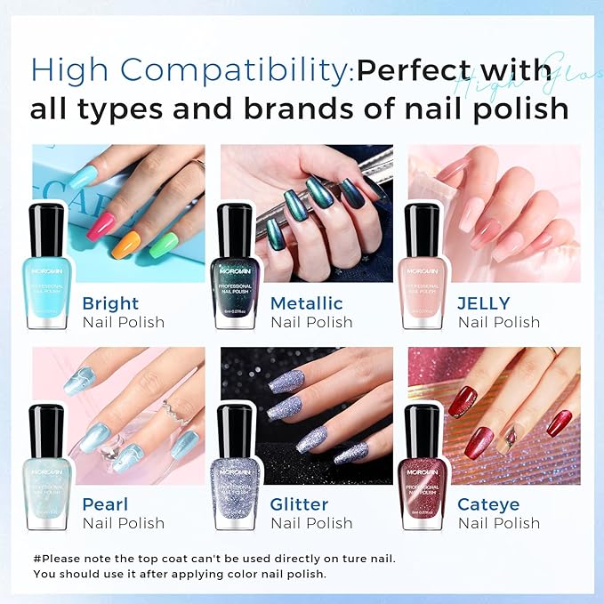 Morovan Top Coat Nail Polish: Clear Quick Dry High Glossy Nail Polish Shiny No Chip Long Lasting Air Dry Top Coat for Nail Art Manicure Salon Quality