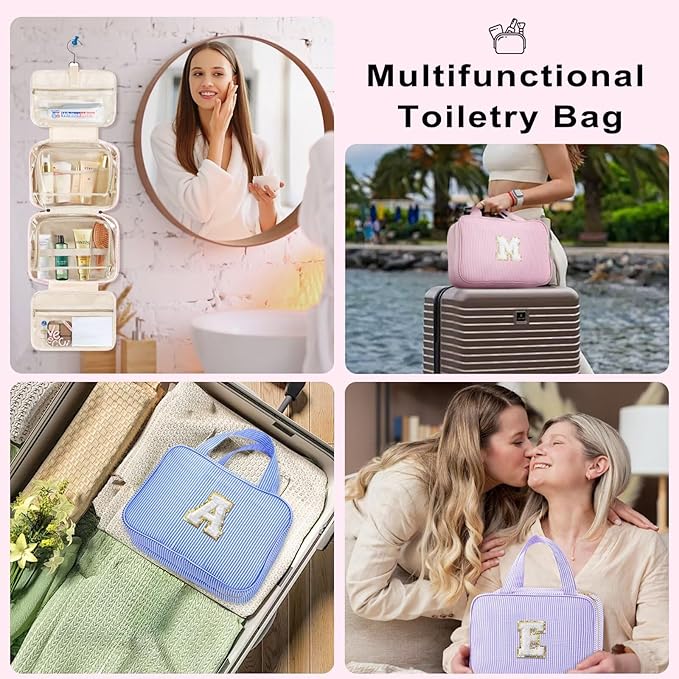 TOPEAST Travel Toiletry Bag for Women - Hanging Toiletry Bag Makeup Bag, Portable Toiletries Cosmetic Bag, Airplane Travel Essentials - Letter I, Purple