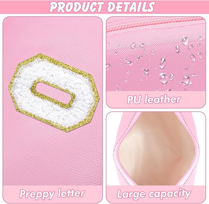 URSKYTOUS Initial Makeup Bag Personalized Preppy Travel Small Cosmetic Bag Cute PU Pink Chenille Letter Makeup Pouch for Purse Waterproof Zippered Toiletry Organizer for Women Girls Kids Friends (O)