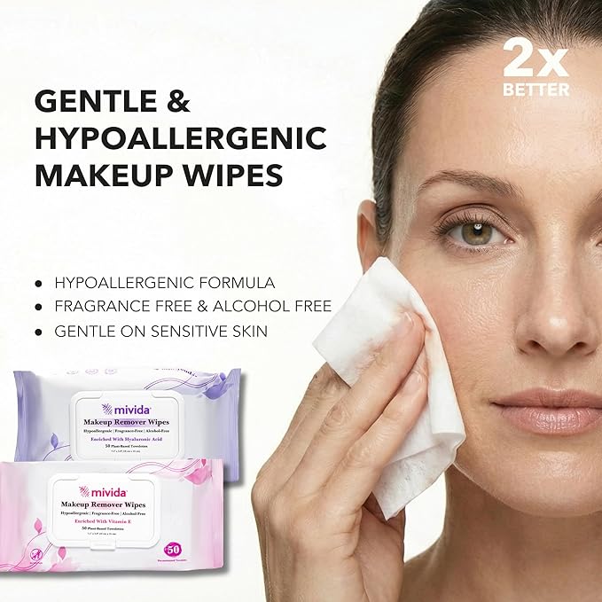 mivida Hypoallergenic Makeup Remover Wipes, Variety Box of 400 Wipes (8x50) 4 Packs with Vitamin E + 4 Packs with Hyaluronic Acid, Fragrance Free, Plant-Based make up wipes for Sensitive Skin