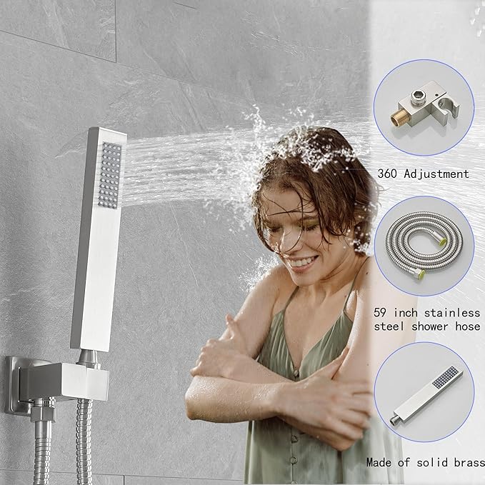 YCAIKOI Brushed Nickel Shower System, 8 Inch High Pressure Rain Shower with Handheld, Wall Mount Shower Faucet Set for Bathroom, Rough-in Valve Body and Trim Included