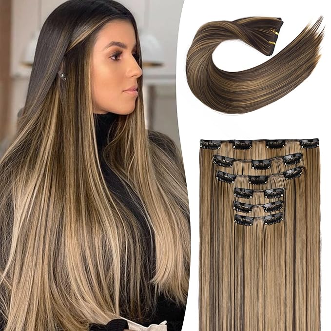 LONAI Clip In Hair Extensions, 6PCS Straight 24" Long Synthetic Clip On Hairpiece For Women