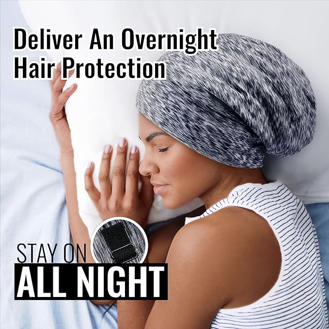 Satin Lined Sleep Cap Bonnet for Curly Hair and Braids, Stay On All Night Hair Wrap with Adjustable Strap for Women and Men, Grey and Black Leopard, Pack of 2