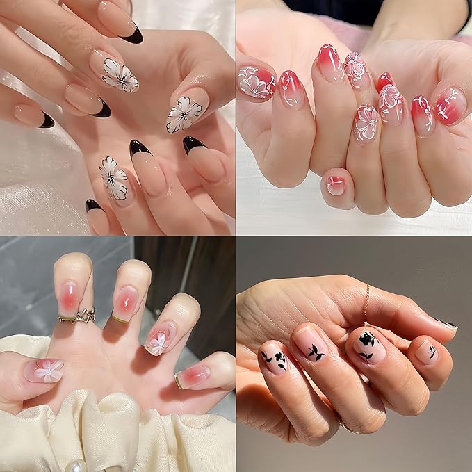6Sheets Summer Flower Nail Art Stickers Black White Flower Nail Decals 3D Self Adhesive Nail Decals White Floral Cherry Blossoms Floret Nail Design for Women DIY Nail Decoration Accessories Craft