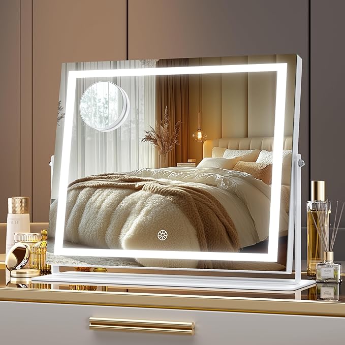 Hasipu Vanity Mirror with Lights, 13.8" x 11.4" LED Makeup Mirror, 3 Color Modes Touch Control and Brightness Adjustment Lighting Mirror, 10X Magnifying Glass, 360° Rotation