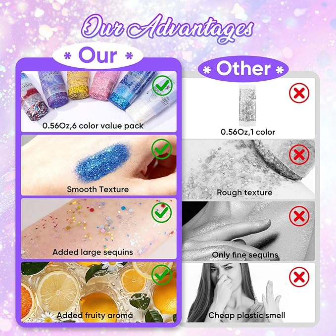 AROIC Body Glitter Stick - 6 Pack Mardi Gras Face & Hair Glitter with Chunky Sequins, Waterproof Sparkling Face Paint with Fruit Scent for Women Singer Festival Makeup Concert Party Rave Accessories