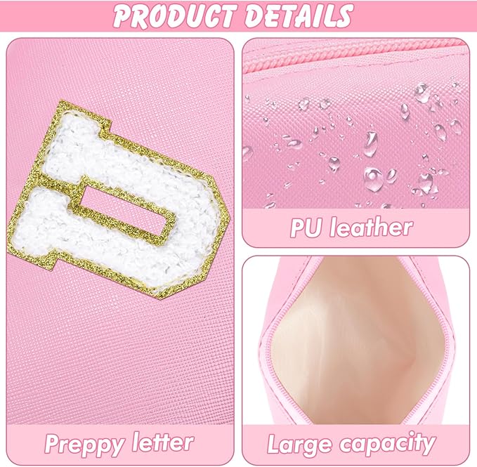 URSKYTOUS Initial Makeup Bag Personalized Preppy Travel Small Cosmetic Bag Cute PU Pink Chenille Letter Makeup Pouch for Purse Waterproof Zippered Toiletry Organizer for Women Girls Kids Friends(U)