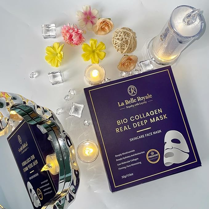 La Belle Royale - Bio Collagen Face Mask – Real Deep Hydrating & Anti-Aging Overnight Korean Sheet Mask with Hyaluronic Acid for Glowing, Pore Minimizing Skin - 4 Pack for Women & All Skin Types
