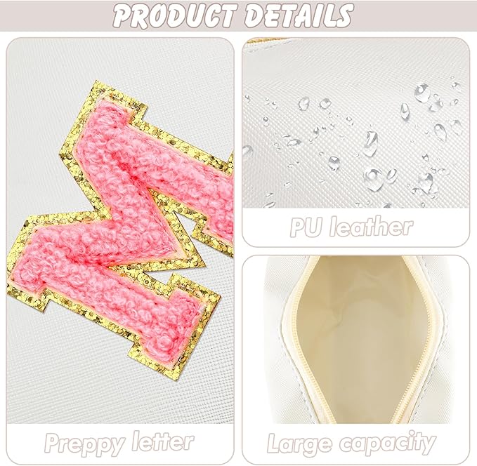 URSKYTOUS Initial Makeup Bag Personalized Preppy Travel Small Cosmetic Bag Cute PU White Chenille Letter Makeup Pouch for Purse Waterproof Zippered Toiletry Organizer for Women Girl Kid Friends (M)