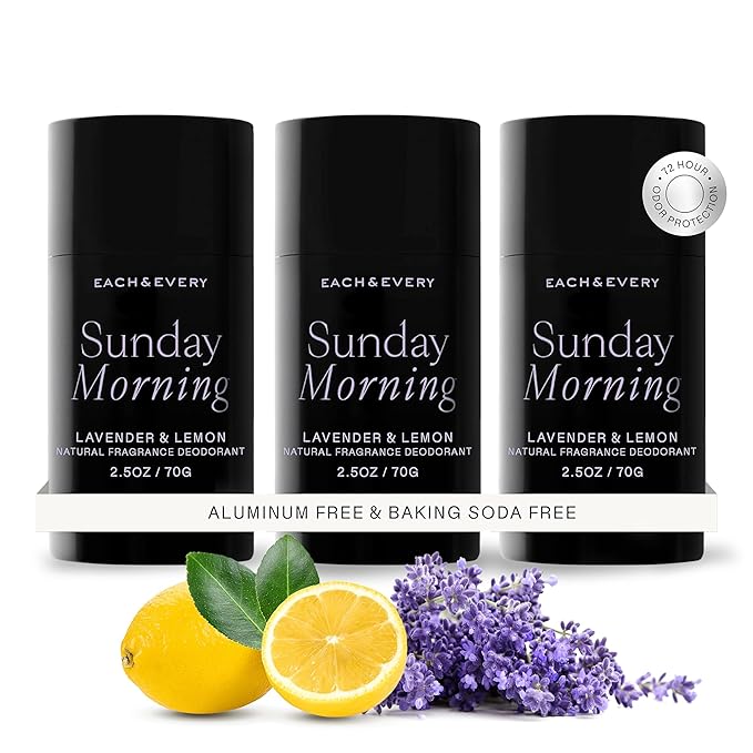 Each & Every Aluminum Free Deodorant for Women & Men - All Natural Deodorant for Sensitive Skin, EWG Verified - Clean, Baking Soda-Free, Plant-Based Fragrance, Lavender & Lemon, 2.5oz, 3-Pack