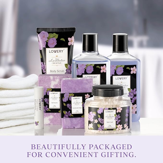 Gift Baskets for Women, Valentines Day Gifts for Her, Spa Gifts for Women – Lavender & Lilac Bath Set Soap, Bath Bomb, Jojoba Oil, Lip Balm Bath and Body Gifts for Mom