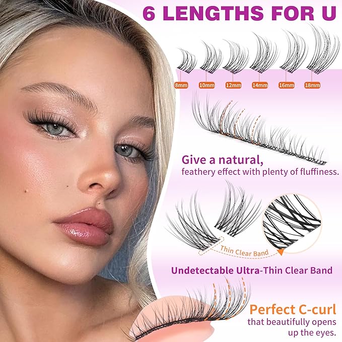 Natural Lash Clusters Kit Wispy Lash Extension Kit Eyelash Clusters with Invisible Band C Curly Cluster Eyelash Extensions Kit with Lash Bond and Seal 8MM-18MM DIY Individual Lashes by ALICROWN