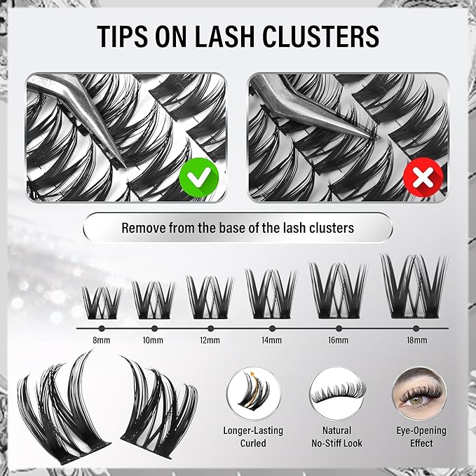 Flora Lash Clusters Wispy Eyelash Clusters 8-18mm Natural Cluster Eyelash Extensions Soft Volume Individual Lashes DIY Feather-Light D Curly Cluster Lashes Extension with Ultra-Thin Band