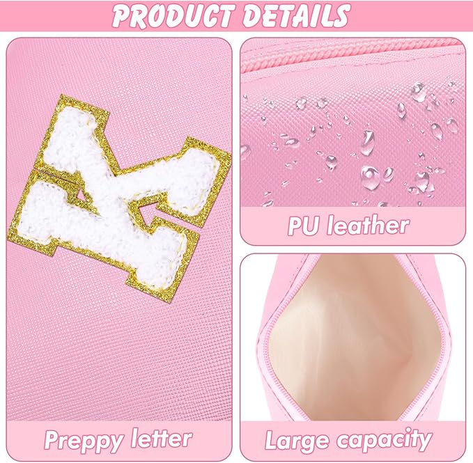 URSKYTOUS Initial Preppy Makeup Bag Travel Small Cosmetic Bag Cute Pink Personalized Preppy Makeup Pouch Zippered PU Toiletry Bag Christmas Birthday Gifts for Women Mom Teacher Friends(K)