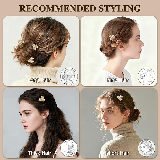 1.2" Mini Clover Claw Clips for Girls Kids - 18K Gold Plated Small Beige Hair Clips for Side Bangs & Braids, Rhinestone Hair Accessories for Fine Hair, Cute Birthday Gift for Daughter