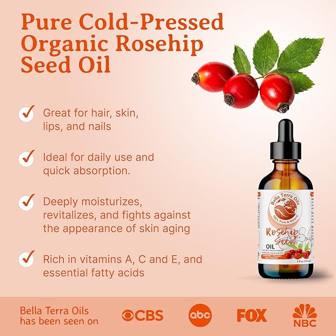 Bella Terra Oils Organic Rosehip Oil for Face, Pure Cold-Pressed Rose Hip Seed Oil for Skin & Hair, Natural Moisturizer & Anti-Aging Facial Oil