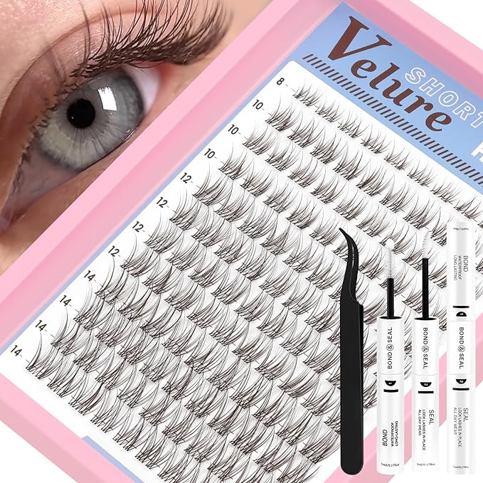 Brown Lash Clusters Kit Velure Lash Extensions Kit Dark Brown Natural Eyelash Clusters D Curly Short Lash Cluster 8-14mm Lash Clusters Natural with Invisible Band Individual Lashes(Velure-Dark Brown)