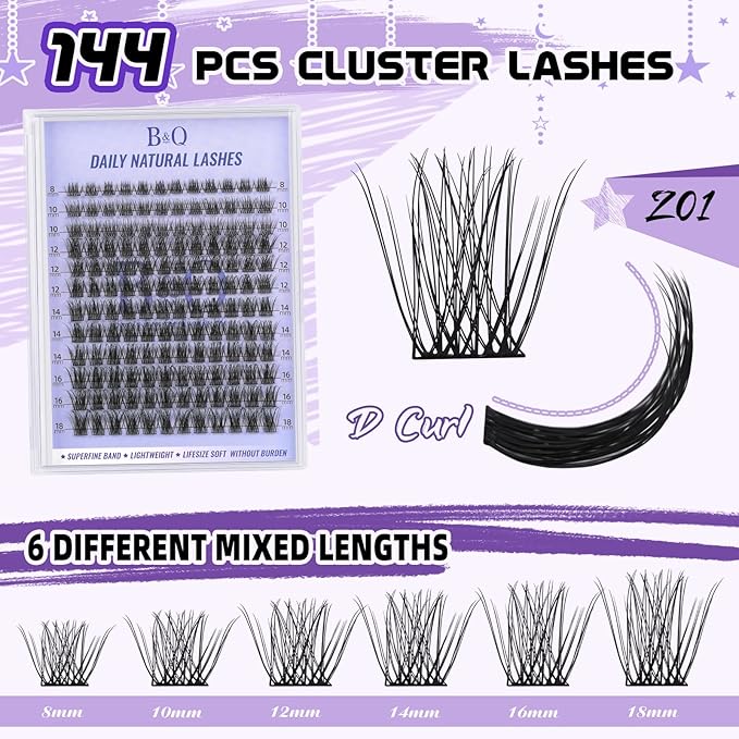 B&Qaugen Lash Clusters Natural Cluster Eyelash Extensions 144 PCS Eyelash Clusters D Curl Z01 Superfine Band Individual Lashes for Beginners 8-18mm（Z01-D-8-18mix）