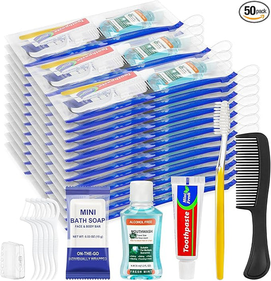 Personal Hygiene Kit Bulk Pack of 50,Yellow Basic Travel Toiletry Set Disposable Toothbrushes with Toothpaste Mouthwash Floss Comb Cover and Zip Bag for Homeless,Charity,Guests