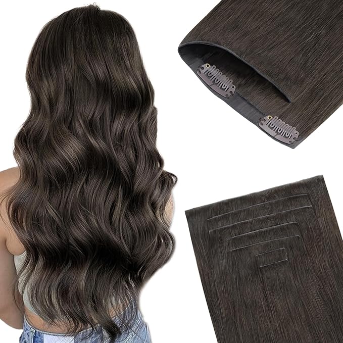 GOO GOO Invisi Edge Clip in Hair Extensions, 22inch 110g 7Pcs, Injected Seamless PU Clip in Hair Extensions, Virgin Real Human Hair, #1C Mocha Brown
