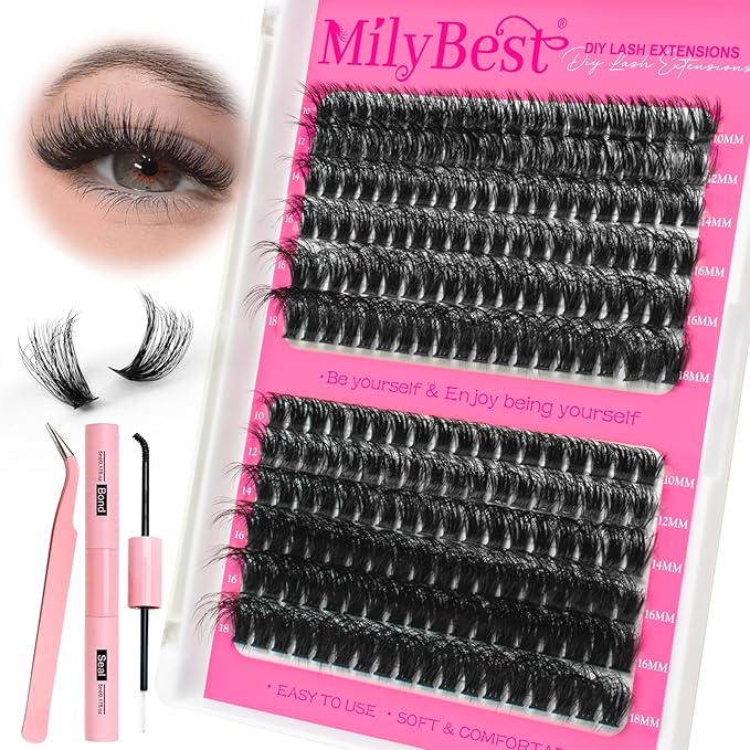 MilyBest Lash Clusters Kit 60D 80D Fluff Cluster Eyelash Extensions 10-18mm Individual Lashes Clusters D Curl Lash Extension Kit, Waterproof Thick Volume Eyelash Clusters with Bond & Seal, Tweezers