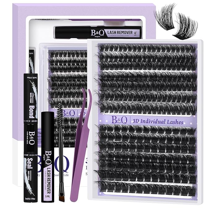 B&Q Fluffy Lash Clusters Kit 100D+200D Dramatic Eyelash Clusters Kit 10-18MM 0.05MM Wispy Lash Thick Volume DIY Individual Lashes 3D Mega Eye Lashes Suitable for Beginners at Home(KIT-100D+200D)