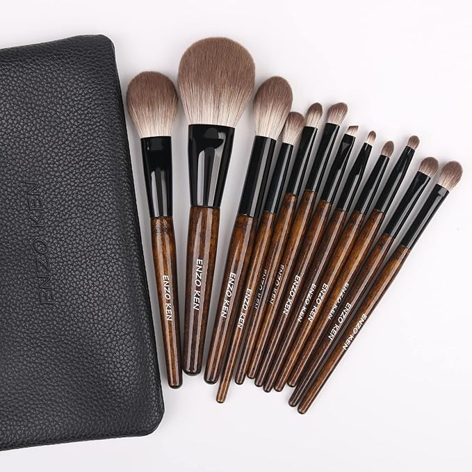 ENZO KEN Natural Goat Hair Makeup Brush Set with Case, Natural Makeup Brushes, Natural Bristle Makeup Brushes, Natural Hair Makeup Brushes Set Professional, Walnut Cosmetic Brushes Makeup Set - MONI