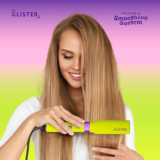 Glister Folding Hair Straightener Brush, Hair Brush for Hair Straightening, Volumizer, Fringe Curler, Hair Styling Comb with Adjustable Temperature - Lime Burst (Yellow)