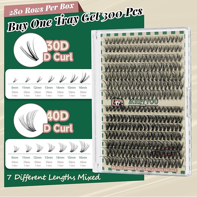 KEYYOU Lash Clusters Individual Lashes 280pcs D Curl Eyelash Extension for DIY at Home(30D40D-0.07D-9-16MIX)