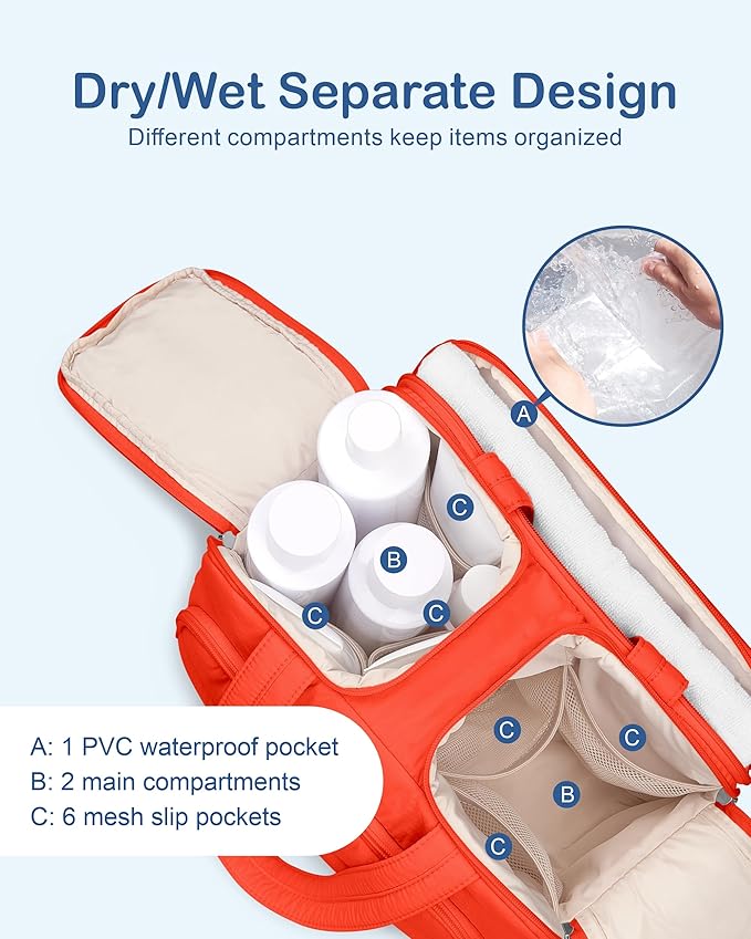 TOPDesign Travel Toiletry Bag for Women, Puffer Large Toiletry Bag, Lightweight Cosmetic Makeup Organizer with Handle for Traveling, Accessories, Essentials, Toiletries (Red Orange)