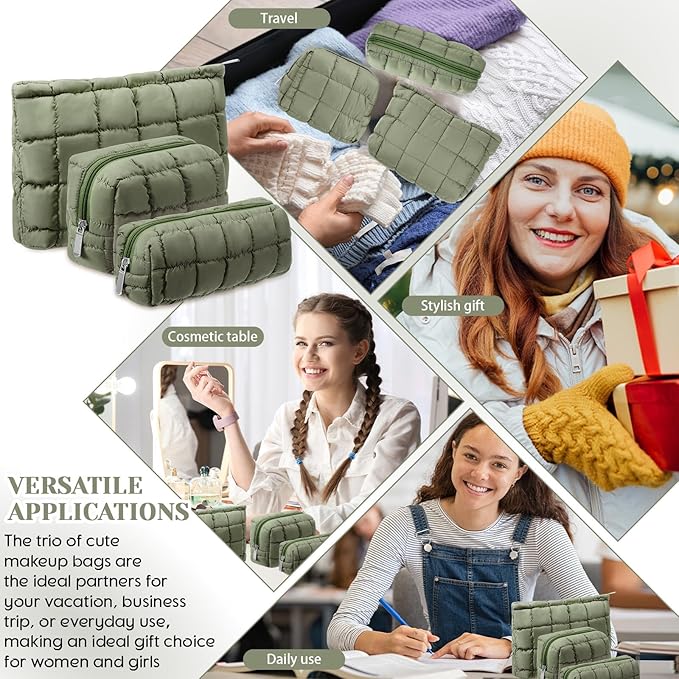 Huhumy 3 Pcs Puffy Makeup Bag Quilted Cosmetic Pouch for Women Cute Checkered Travel Toiletry Bag Puffer Makeup Organizer Purse Pouch Preppy Pencil Case with Zipper(Green)