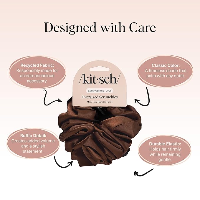 Kitsch Recycled Satin Oversized Scrunchies – Large Hair Scrunchies for Women, Eco-Friendly Hair Ties & Ponytail Holders | Ideal Gifts for Women - Black & Chocolate, 2pcs