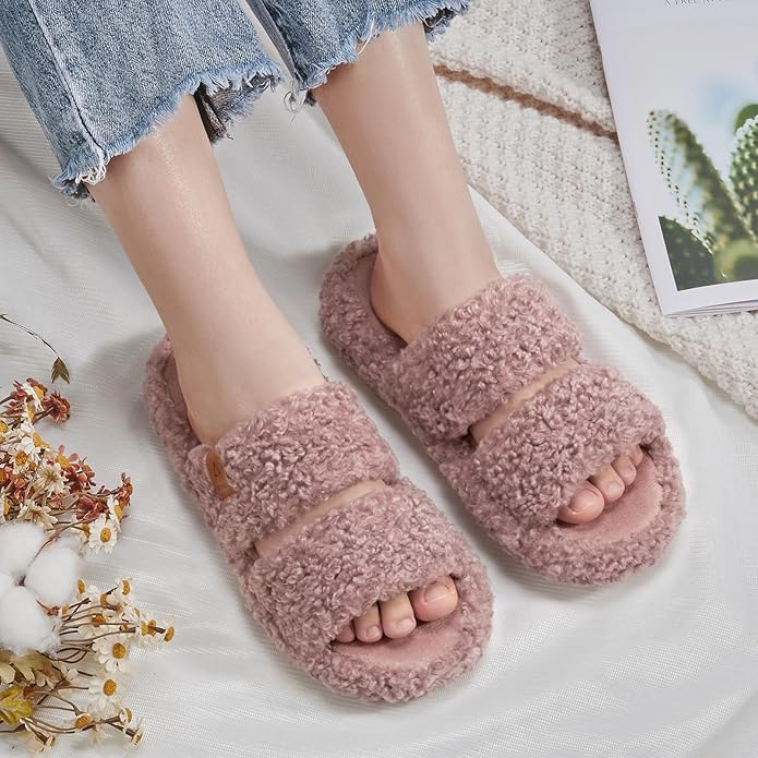 ATHMILE House Slippers for Women with Platform Memory Foam Arch Support Open Toe, Fuzzy Fluffy Cozy Womens Slippers for Home Indoor Outdoor Bedroom Ladies Christmas Gifts Pantuflas Para Mujer