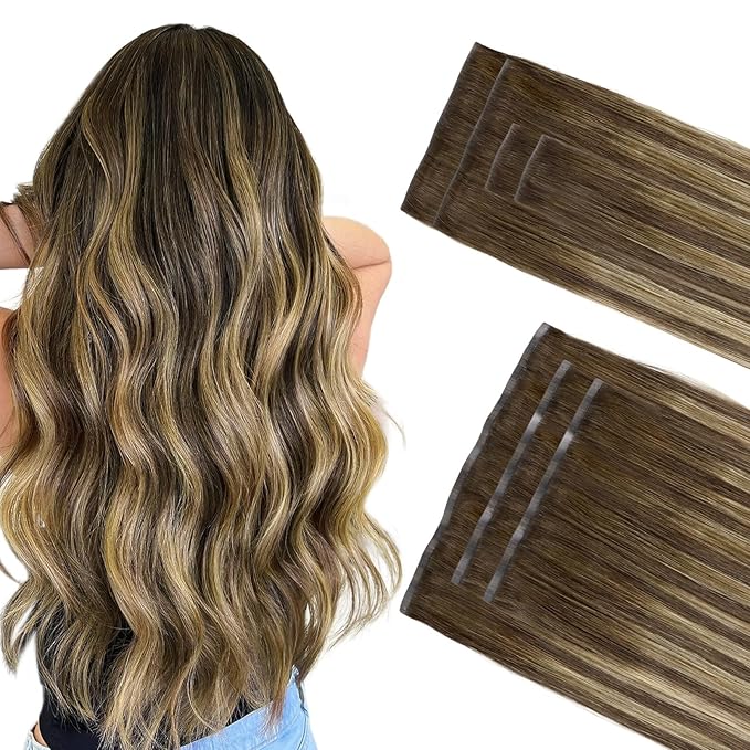 GOO GOO Invisi Edge Clip in Hair Extensions Set, 20inch 150g, 4pcs Injected Seamless PU Clip ins and 3pcs Classical PU Clip ins, Virgin Real Human Hair, #(T4/27) P4