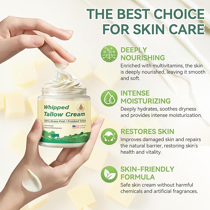 Beef Tallow for Skin, Organic Grass Fed Whipped Beef Tallow Moisturizer Deeply Nourishing for Face & Body, Natural Unscented Tallow Face Moisturizer Smooth Soft for Dry Skin, 4oz