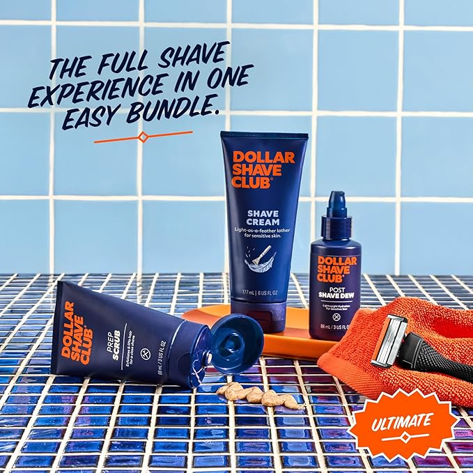 Dollar Shave Club | Ultimate Set | 4 Swift Rinse Refill Cartridges, 1 Handle, 1 Prep Scrub 3 ounce, 1 Shave Cream 6 ounce, 1 Post Shave Dew 3.4 ounce