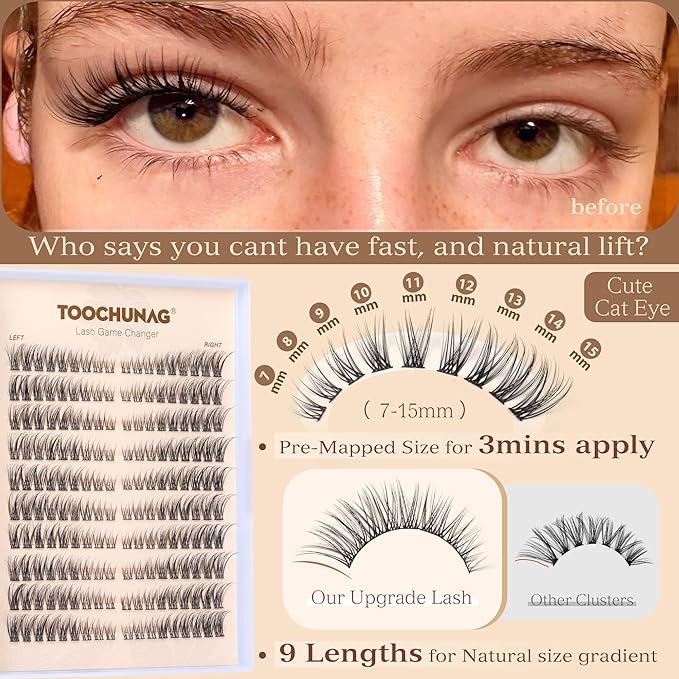 TOOCHUNAG Eyelash Clusters Lash Extension Kit Natural Cluster Eyelash Extensions Wispy Individual Lashes Clusters Kit with Clear Lash Glue and Eyelash Clusters Tweezers(180pcs)
