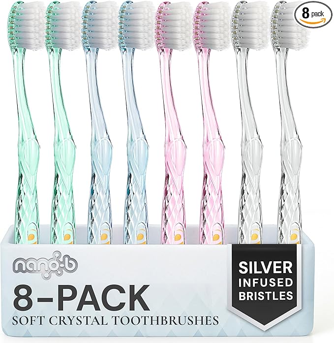 Nano-b Manual Toothbrush Set for Adults with Sensitive Gums, Silver Soft/Medium Bristles, Travel Cases, Blue, Pink, Green, Crystal, 8-Pack