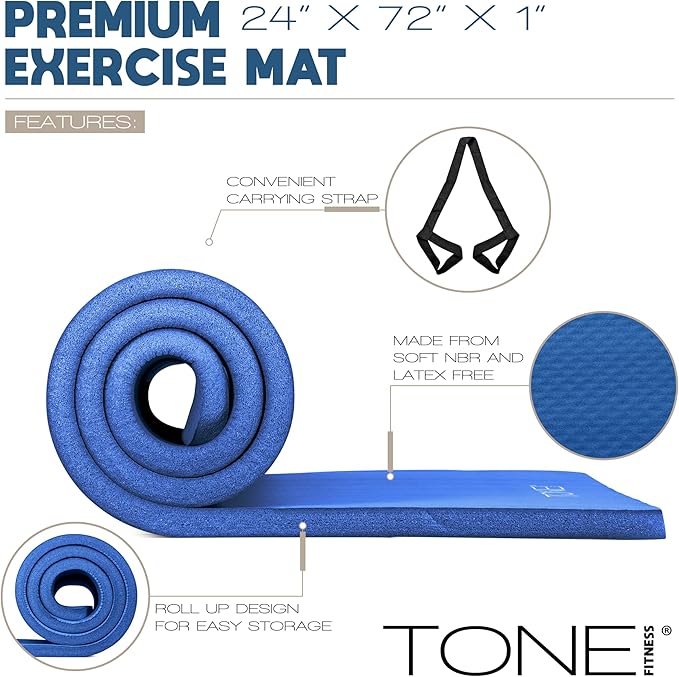 Tone Fitness 1-Inch Thick Yoga Mat | High-Density, Non-slip Exercise Mat with Carrying Strap for Yoga, Pilates, & Home Gym Workouts | Multiple Options
