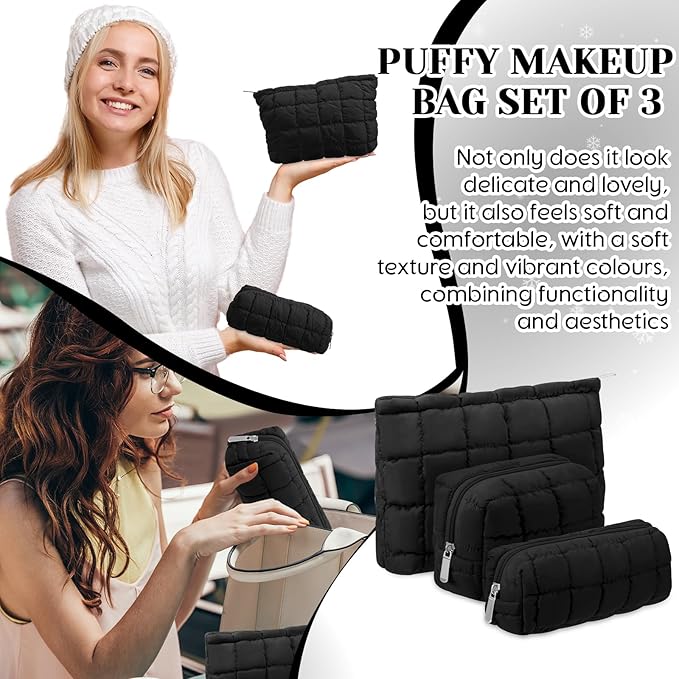 Huhumy 3 Pcs Puffy Makeup Bag Quilted Cosmetic Pouch for Women Cute Checkered Travel Toiletry Bag Puffer Makeup Organizer Purse Pouch Preppy Pencil Case with Zipper