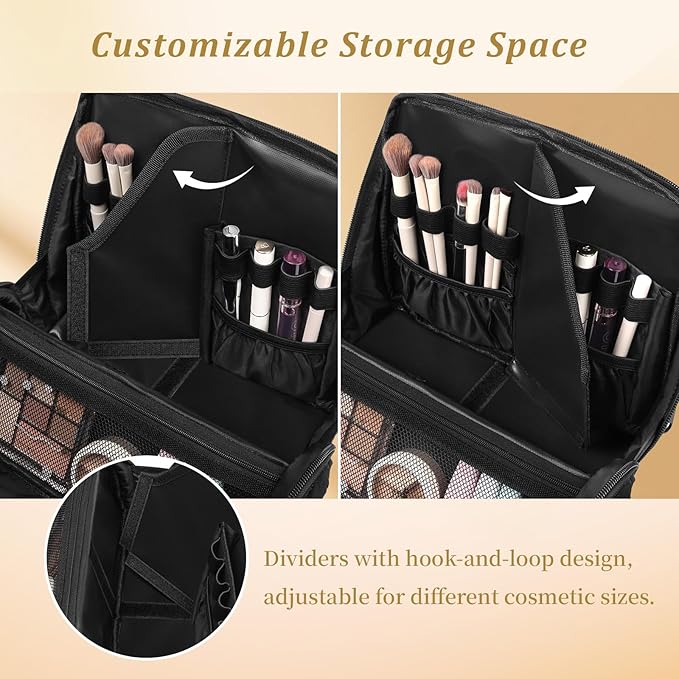 MOKURA Travel Makeup Bag for Women, Large Capacity Standing Make up Pouch, Quilted Waterproof Cosmetic Organizer with Jewelry Compartments, Portable Toiletry Case, Gifts for Women, Black