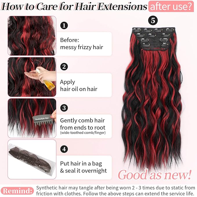 KooKaStyle Hair Extensions Black Mix Red Highlights 1B/113# Clip in Synthetic Highlight Hair Extensions Long Wavy 4PCS Thick Hairpieces 20 Inch for Women