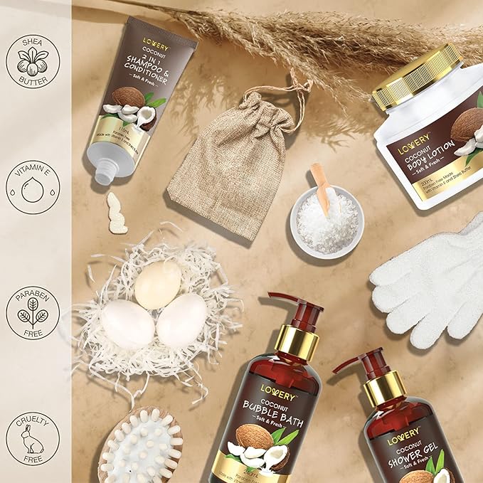 Mens Gift, Bath Set in a Vintage Style Wooden Clock Box, 13Pc Premium Coconut Spa Kit for Men & Women, Body Lotion, Handmade Soap, Bath Bomb, Coconut Shampoo & Conditioner, Massager & More