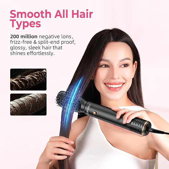 6 in 1 Hair Dryer Brush, Detachable Air Styler, Blow Dryer Brush 3 Heat Settings Frizz-Free Drying, Volumizing, Straightening, Curling for Travel & Home Styling (Pink-Black)