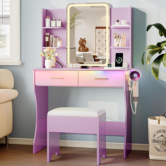 Vanity Desk with LED Lights Mirror & Power Outlet, Small Makeup Vanity Table Set with Storage Drawers & Chair, 3 Lighting Modes & Adjustable Brightness, Dressing Table for Women Girls Bedroom, Purple