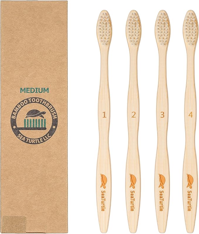 Sea Turtle Plant-Based Bristles, Medium Bamboo Toothbrushes, Medium Natural Toothbrush for Adults (4 Pack)