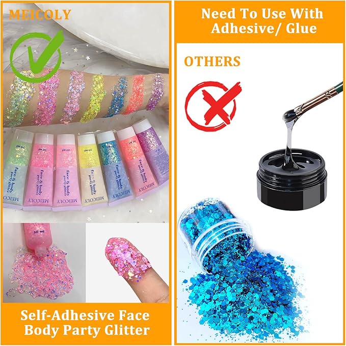 MEICOLY Chameleon Baby Pink Body Glitter,Pink Turn to Purple Face Glitter Paint,Holographic Color Changing Mermaid Face Glitter Gel for Hair,Self-Adhesive Chunky Glitter for Halloween Festival Party
