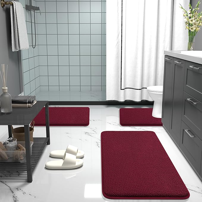 OLANLY Thick Memory Foam Bath Mat Rug 24x16, Extra Soft Absorbent Bathroom Rug, Quick Dry Bath Mats, Non-Slip, Machine Washable Carpet for Bathroom, Tub and Shower, Home Decor Accessories, Burgundy