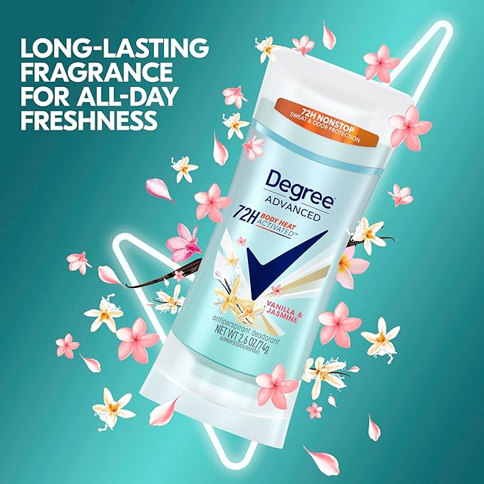 Degree Advanced Protection Antiperspirant Deodorant Vanilla & Jasmine for 72-Hour Sweat & Odor Control for Women, with Body Heat Activated Technology, 2.6 oz
