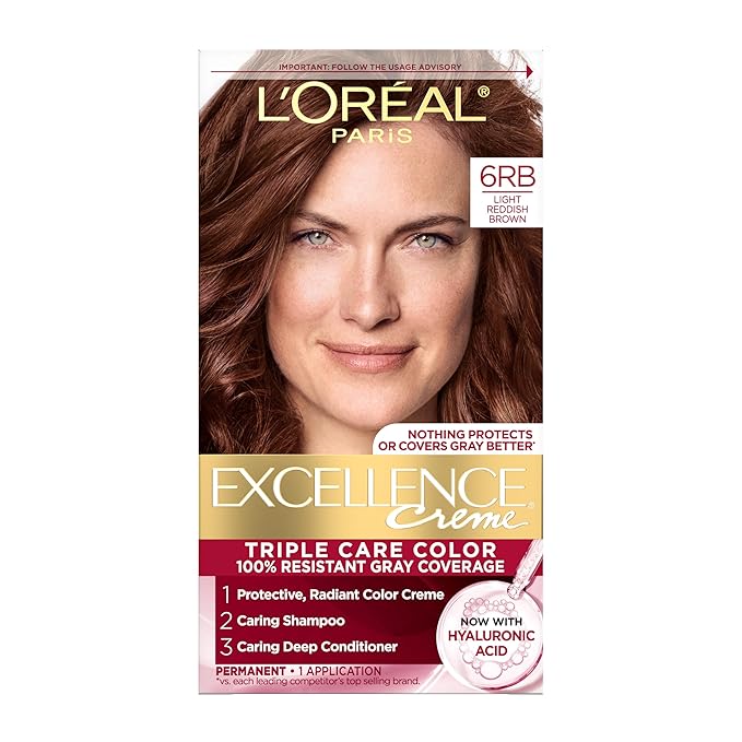 L'Oreal Paris Excellence Crème Permanent Hair Dye, Triple Care Hair Color with Hyaluronic Acid for 100% Gray Coverage, 6RB Light Reddish Brown, 1 Kit (Packaging May Vary)